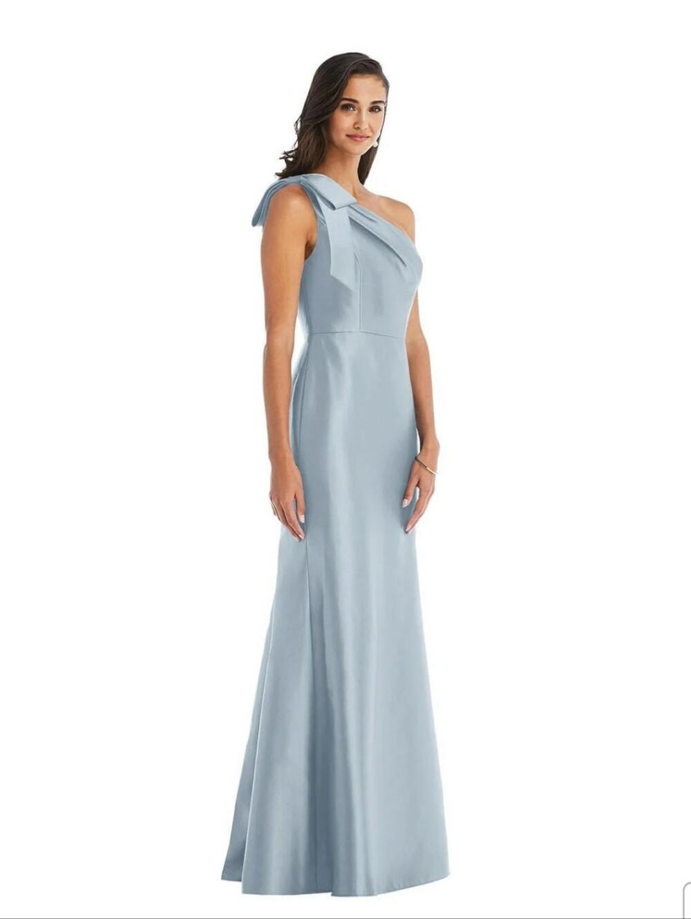 Alfred Sung One-Shoulder Mist Blue Satin Evening Dress with Bow Detail Size 12